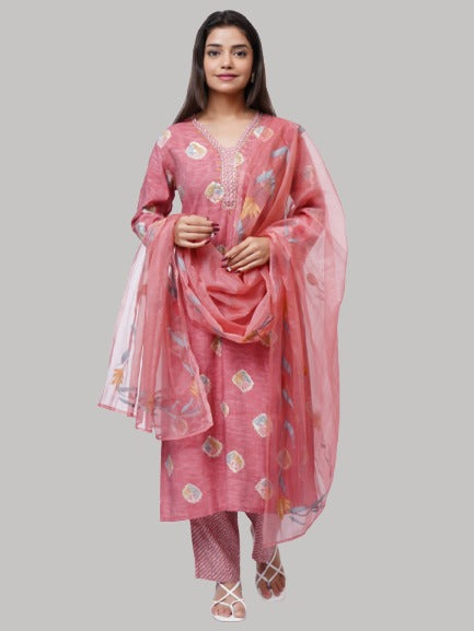 Saundarya Women's Dark Peach Cotton Blend Printed Thread Work V-Neck  A-Line Kurta Set With Printed Dupatta