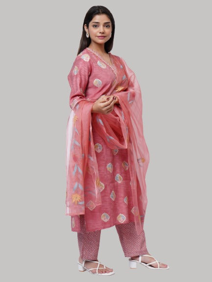 Saundarya Women's Dark Peach Cotton Blend Printed Thread Work V-Neck  A-Line Kurta Set With Printed Dupatta