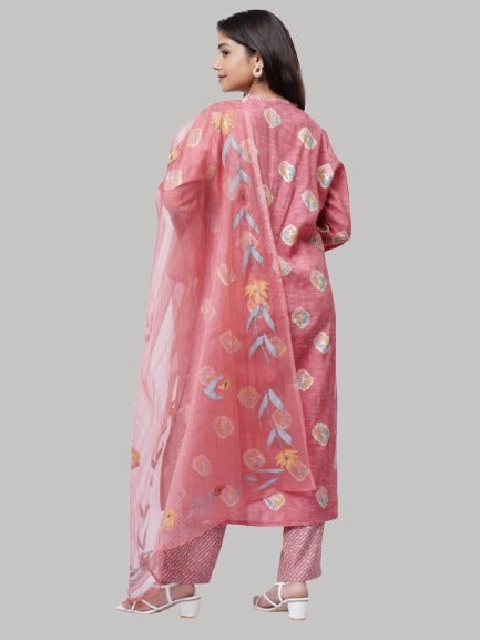 Saundarya Women's Dark Peach Cotton Blend Printed Thread Work V-Neck  A-Line Kurta Set With Printed Dupatta