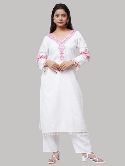 Saundarya Women's Cotton Flex Pink Embroidery Work V-Neck A-Line Kurta Set With Pink Printed Dupatta
