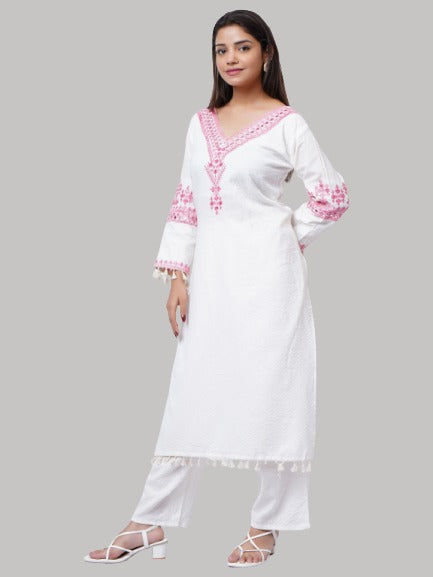 Saundarya Women's Cotton Flex Pink Embroidery Work V-Neck A-Line Kurta Set With Pink Printed Dupatta