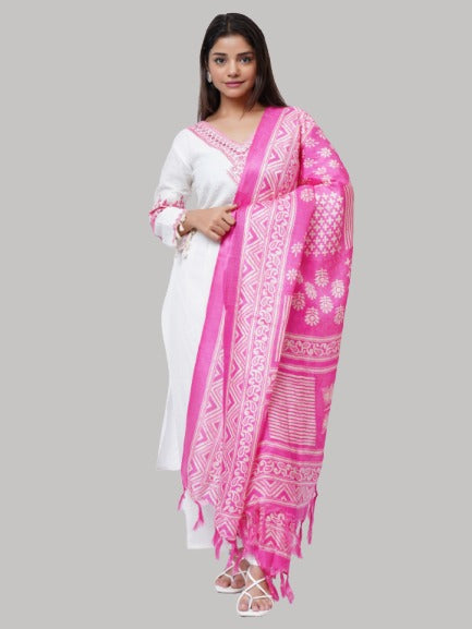 Saundarya Women's Cotton Flex Pink Embroidery Work V-Neck A-Line Kurta Set With Pink Printed Dupatta