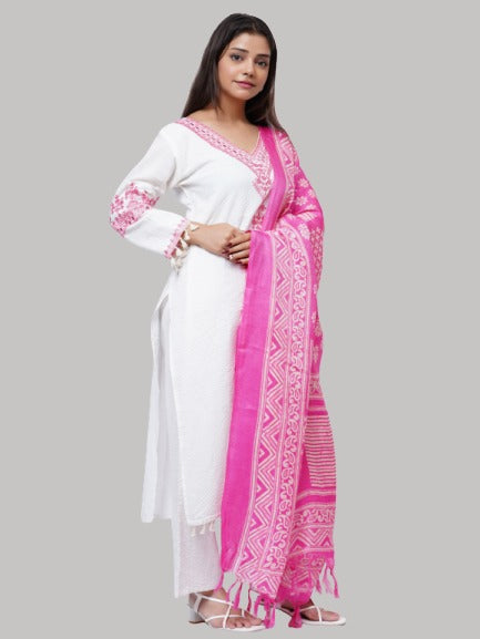 Saundarya Women's Cotton Flex Pink Embroidery Work V-Neck A-Line Kurta Set With Pink Printed Dupatta