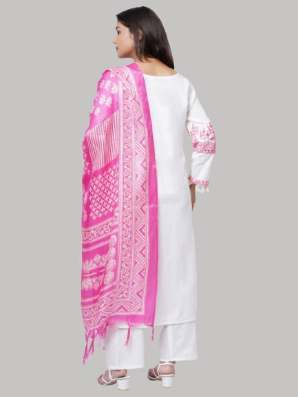 Saundarya Women's Cotton Flex Pink Embroidery Work V-Neck A-Line Kurta Set With Pink Printed Dupatta