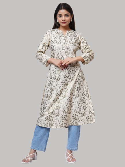 Saundarya Women's Beige Calf Length Golden Foil Print Khadi Cotton Mandarin Collar A-Line Kurta