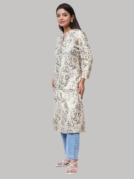 Saundarya Women's Beige Calf Length Golden Foil Print Khadi Cotton Mandarin Collar A-Line Kurta