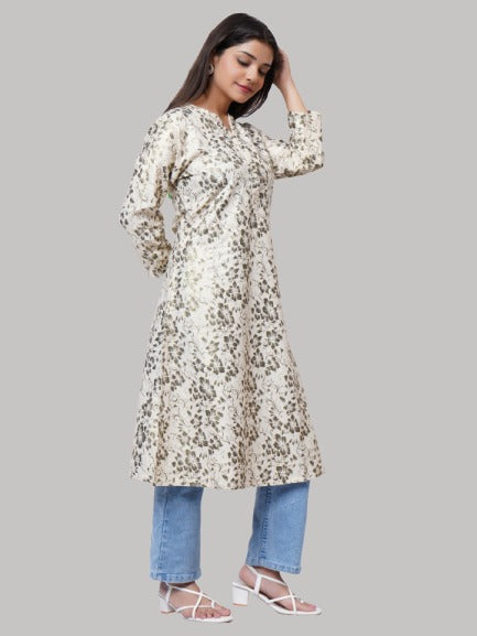 Saundarya Women's Beige Calf Length Golden Foil Print Khadi Cotton Mandarin Collar A-Line Kurta