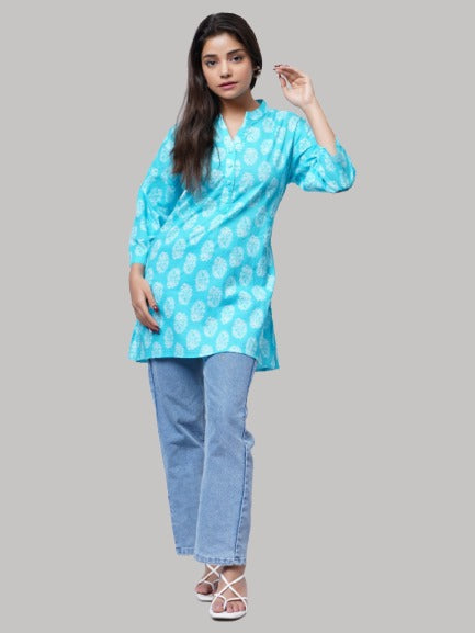 Saundarya Women's Cotton V-Neck Mid Thigh Length Printed Kurti Top Sky Blue