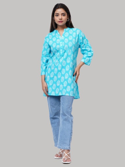Saundarya Women's Cotton V-Neck Mid Thigh Length Printed Kurti Top Sky Blue