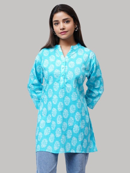 Saundarya Women's Cotton V-Neck Mid Thigh Length Printed Kurti Top Sky Blue