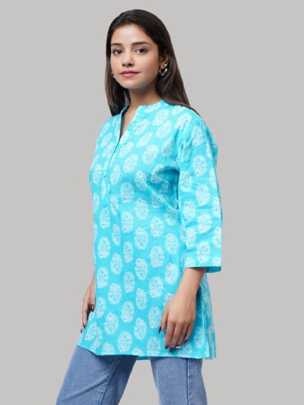 Saundarya Women's Cotton V-Neck Mid Thigh Length Printed Kurti Top Sky Blue