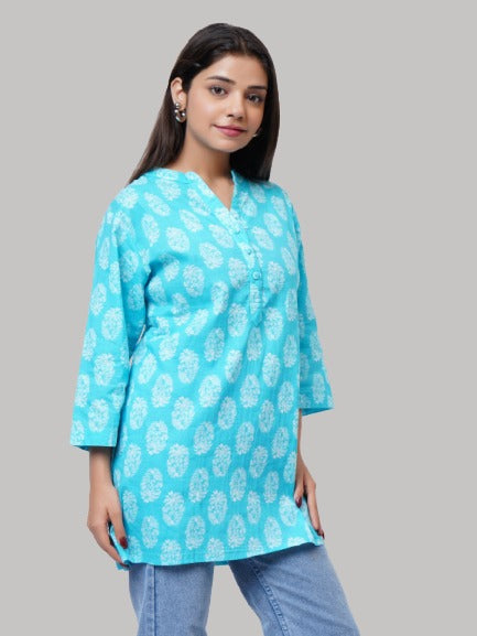 Saundarya Women's Cotton V-Neck Mid Thigh Length Printed Kurti Top Sky Blue