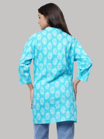 Saundarya Women's Cotton V-Neck Mid Thigh Length Printed Kurti Top Sky Blue