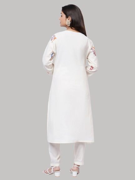 Saundarya Women's Off White Pure Cotton Peacock Embroidery Work Notched Neck A-Line Kurta With Pant Set