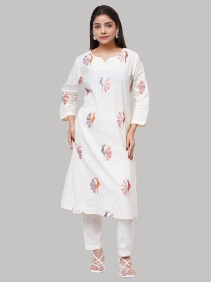 Saundarya Women's Off White Pure Cotton Peacock Embroidery Work Notched Neck A-Line Kurta With Pant Set