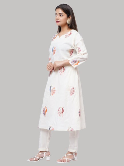 Saundarya Women's Off White Pure Cotton Peacock Embroidery Work Notched Neck A-Line Kurta With Pant Set