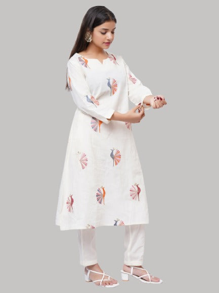 Saundarya Women's Off White Pure Cotton Peacock Embroidery Work Notched Neck A-Line Kurta With Pant Set