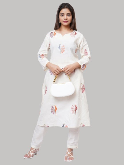 Saundarya Women's Off White Pure Cotton Peacock Embroidery Work Notched Neck A-Line Kurta With Pant Set