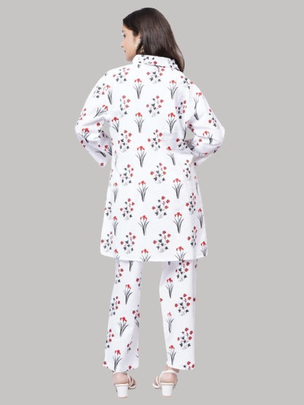 Saundarya Women's White Cotton Black And Maroon Printed Classic Collar Neck Co-ord Set