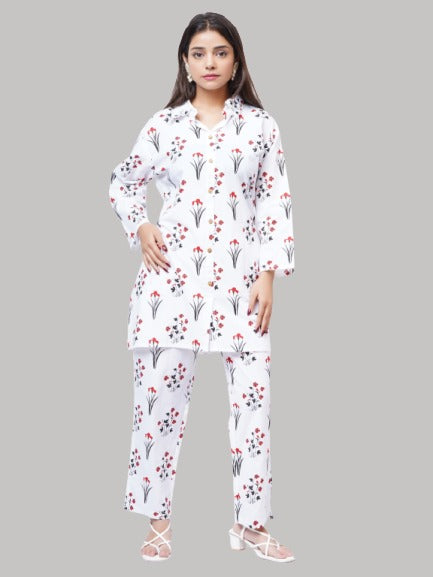 Saundarya Women's White Cotton Black And Maroon Printed Classic Collar Neck Co-ord Set