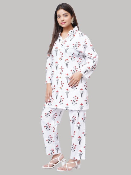 Saundarya Women's White Cotton Black And Maroon Printed Classic Collar Neck Co-ord Set
