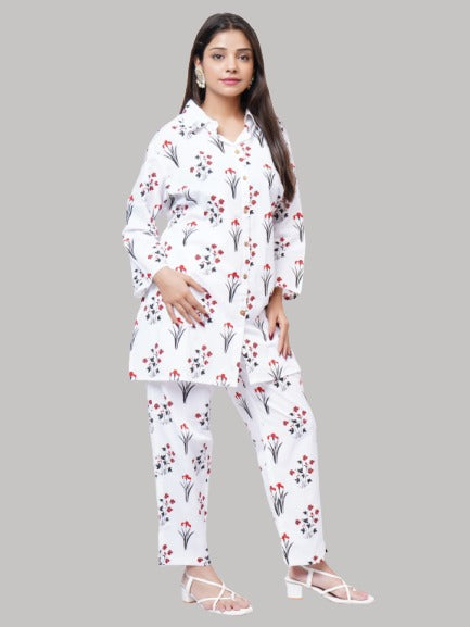 Saundarya Women's White Cotton Black And Maroon Printed Classic Collar Neck Co-ord Set