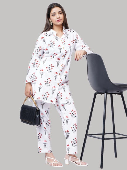 Saundarya Women's White Cotton Black And Maroon Printed Classic Collar Neck Co-ord Set