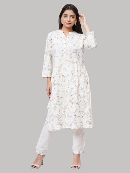 Saundarya Women's Off White Pure Cotton Full Embroidery Work Mandarin Collar A-Line Kurta With Pant Set