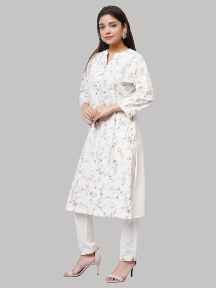 Saundarya Women's Off White Pure Cotton Full Embroidery Work Mandarin Collar A-Line Kurta With Pant Set