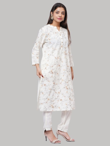 Saundarya Women's Off White Pure Cotton Full Embroidery Work Mandarin Collar A-Line Kurta With Pant Set