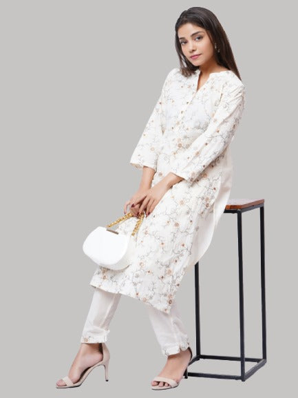 Saundarya Women's Off White Pure Cotton Full Embroidery Work Mandarin Collar A-Line Kurta With Pant Set