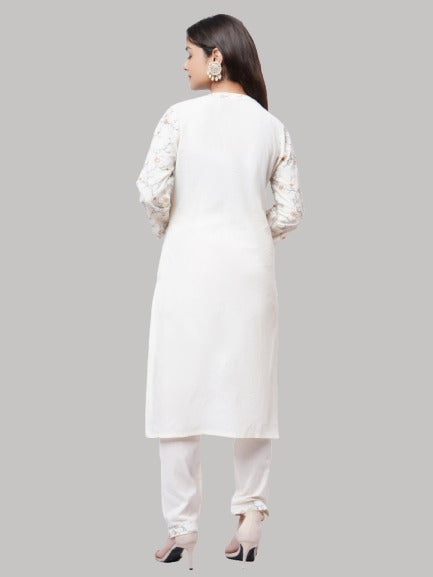 Saundarya Women's Off White Pure Cotton Full Embroidery Work Mandarin Collar A-Line Kurta With Pant Set