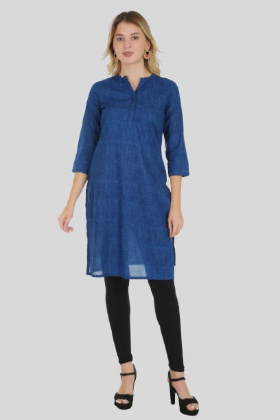 Saundarya Women's Calf Length Pure Cotton Mandarin Collar Full Printed Straight Kurta Navy Blue