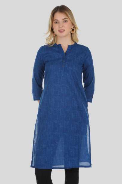 Saundarya Women's Calf Length Pure Cotton Mandarin Collar Full Printed Straight Kurta Navy Blue