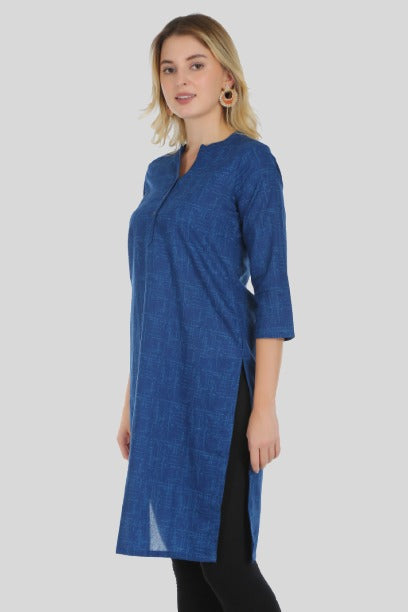 Saundarya Women's Calf Length Pure Cotton Mandarin Collar Full Printed Straight Kurta Navy Blue