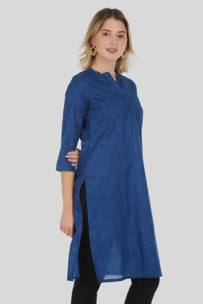 Saundarya Women's Calf Length Pure Cotton Mandarin Collar Full Printed Straight Kurta Navy Blue