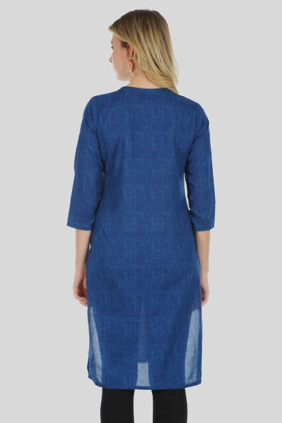 Saundarya Women's Calf Length Pure Cotton Mandarin Collar Full Printed Straight Kurta Navy Blue