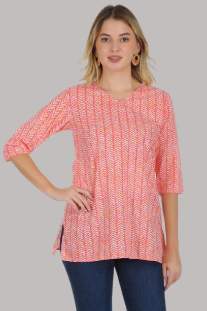 Saundarya Women's Cotton V-Neck Mid Thigh Length Printed Kurti Top Coral Red