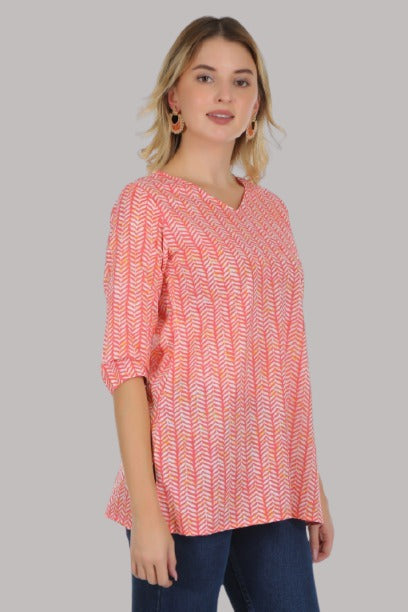 Saundarya Women's Cotton V-Neck Mid Thigh Length Printed Kurti Top Coral Red