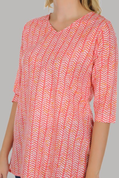 Saundarya Women's Cotton V-Neck Mid Thigh Length Printed Kurti Top Coral Red