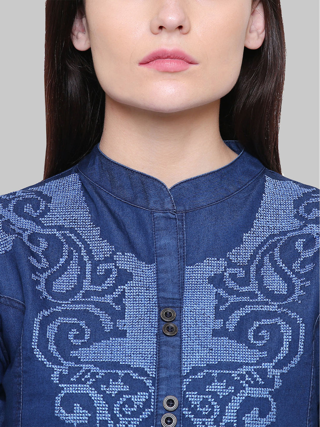 Saundarya Women's Band Collar Embroidered Denim Straight Kurta