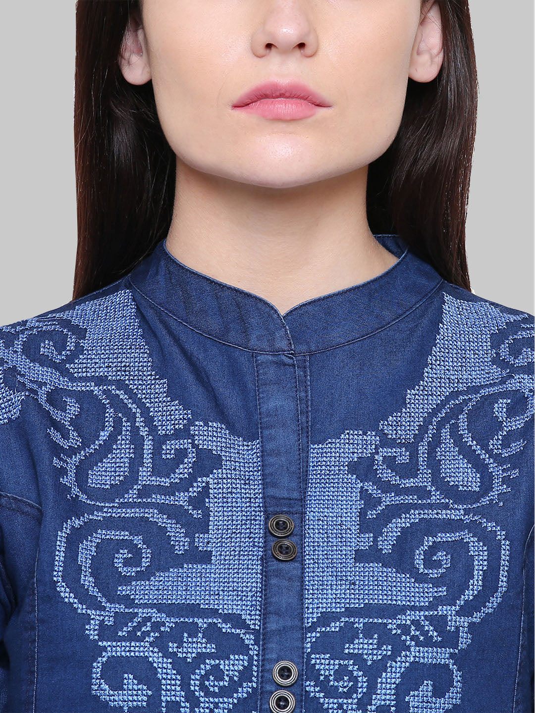 Saundarya Women's Band Collar Embroidered Denim Straight Kurta