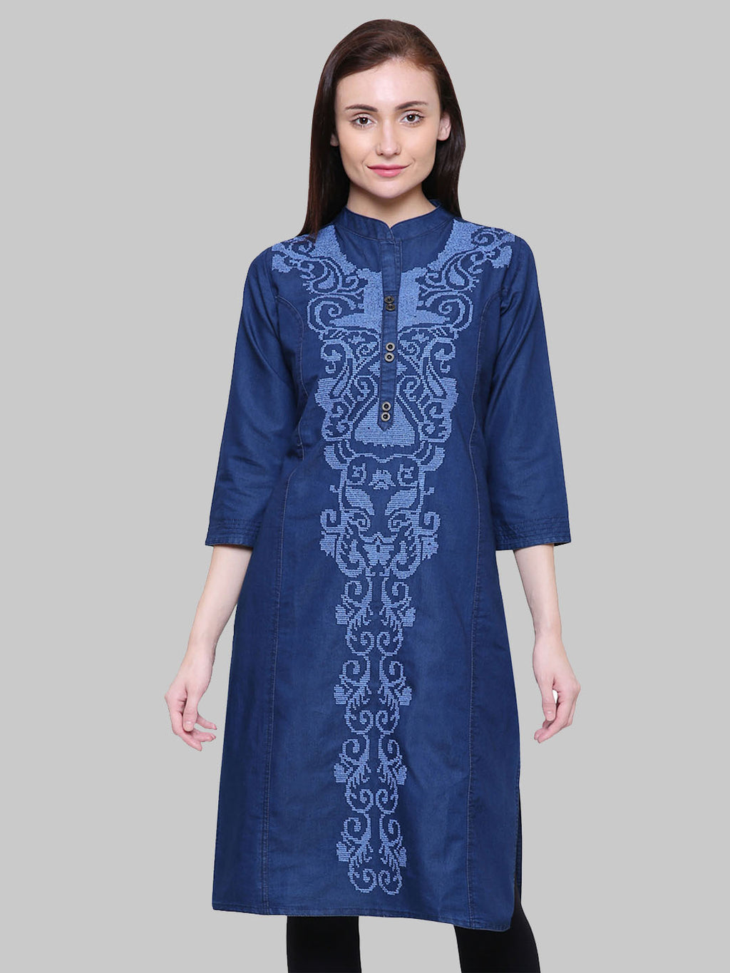 Saundarya Women's Band Collar Embroidered Denim Straight Kurta