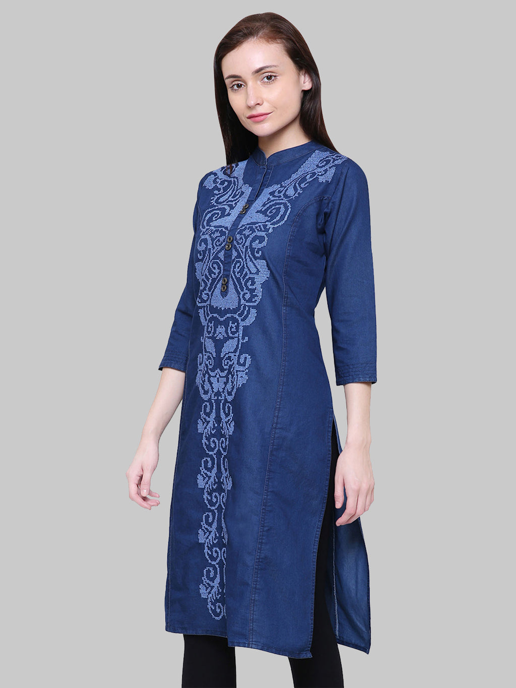 Saundarya Women's Band Collar Embroidered Denim Straight Kurta