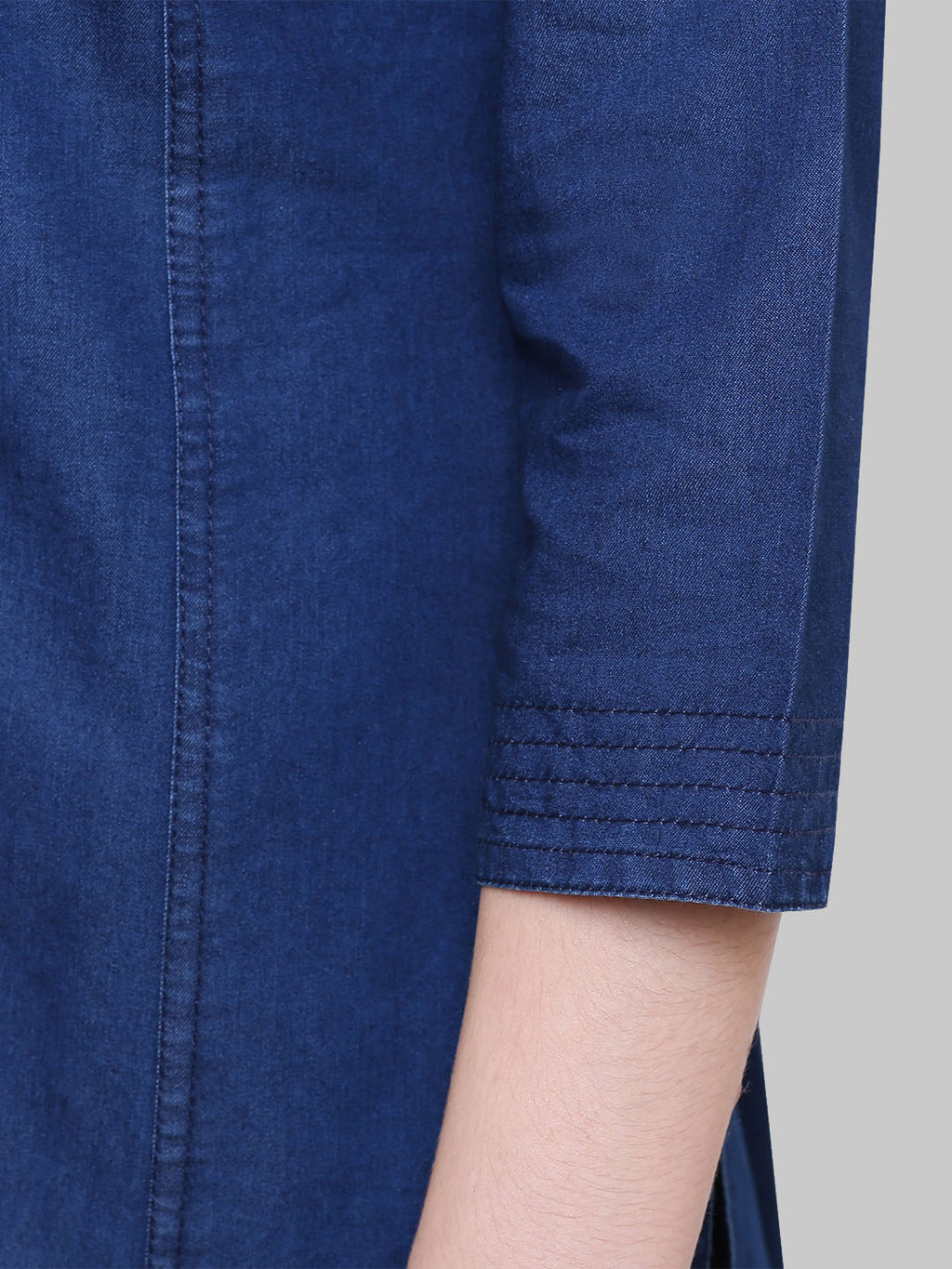 Saundarya Women's Band Collar Embroidered Denim Straight Kurta