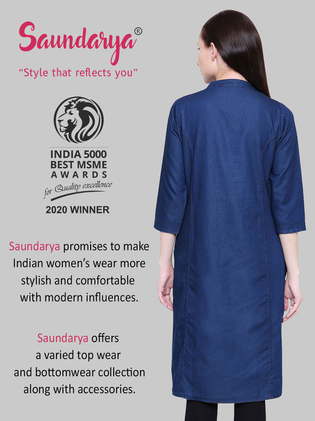 Saundarya Women's Band Collar Embroidered Denim Straight Kurta