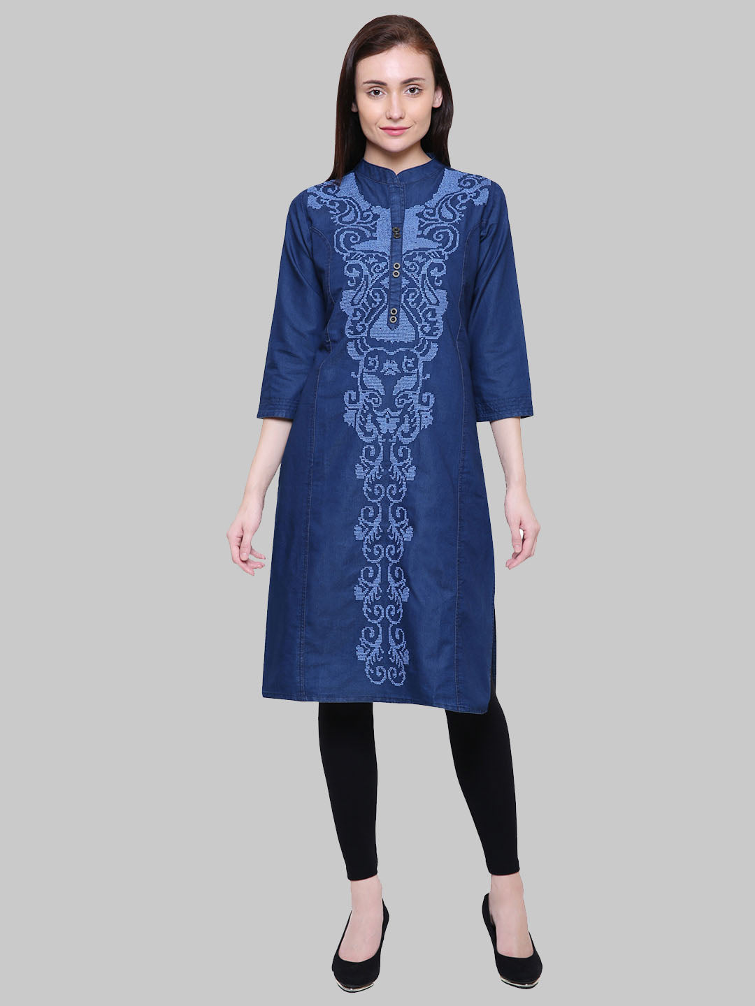Saundarya Women's Band Collar Embroidered Denim Straight Kurta