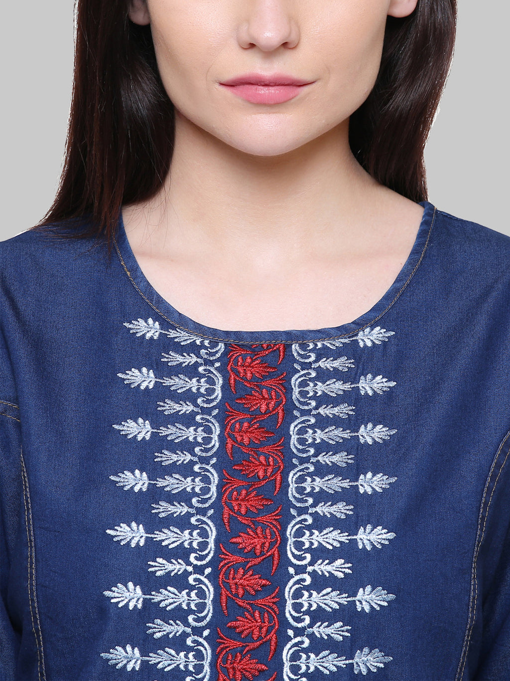 Saundarya Women's Embroidered Denim Straight Kurta