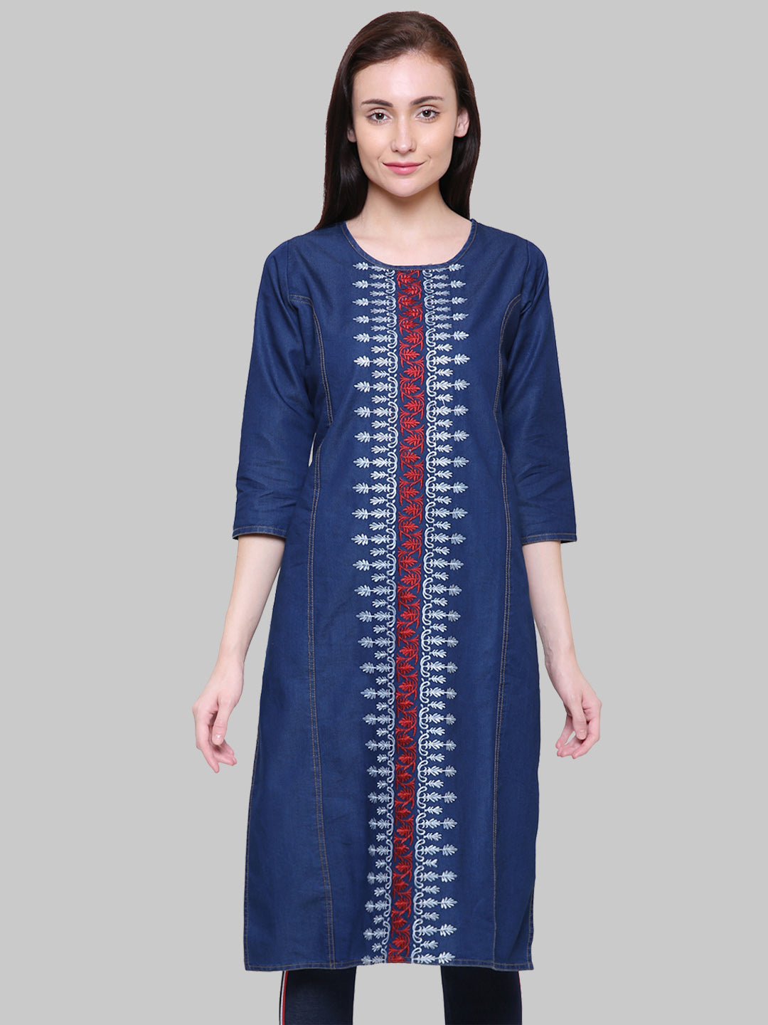 Saundarya Women's Embroidered Denim Straight Kurta