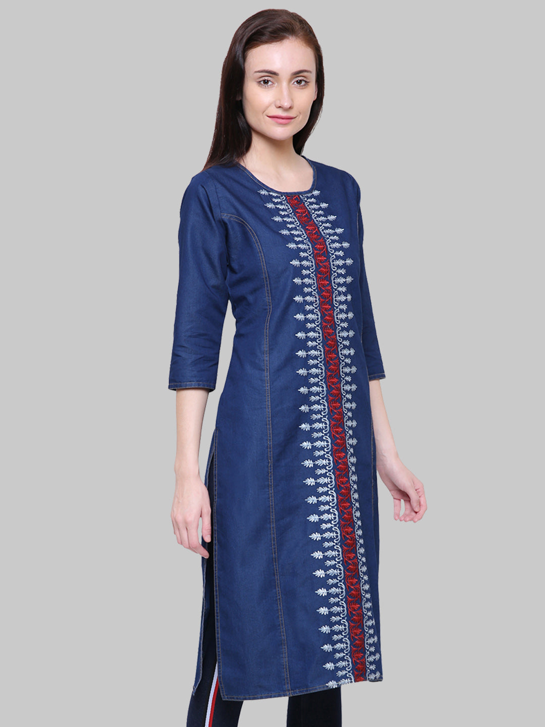 Saundarya Women's Embroidered Denim Straight Kurta